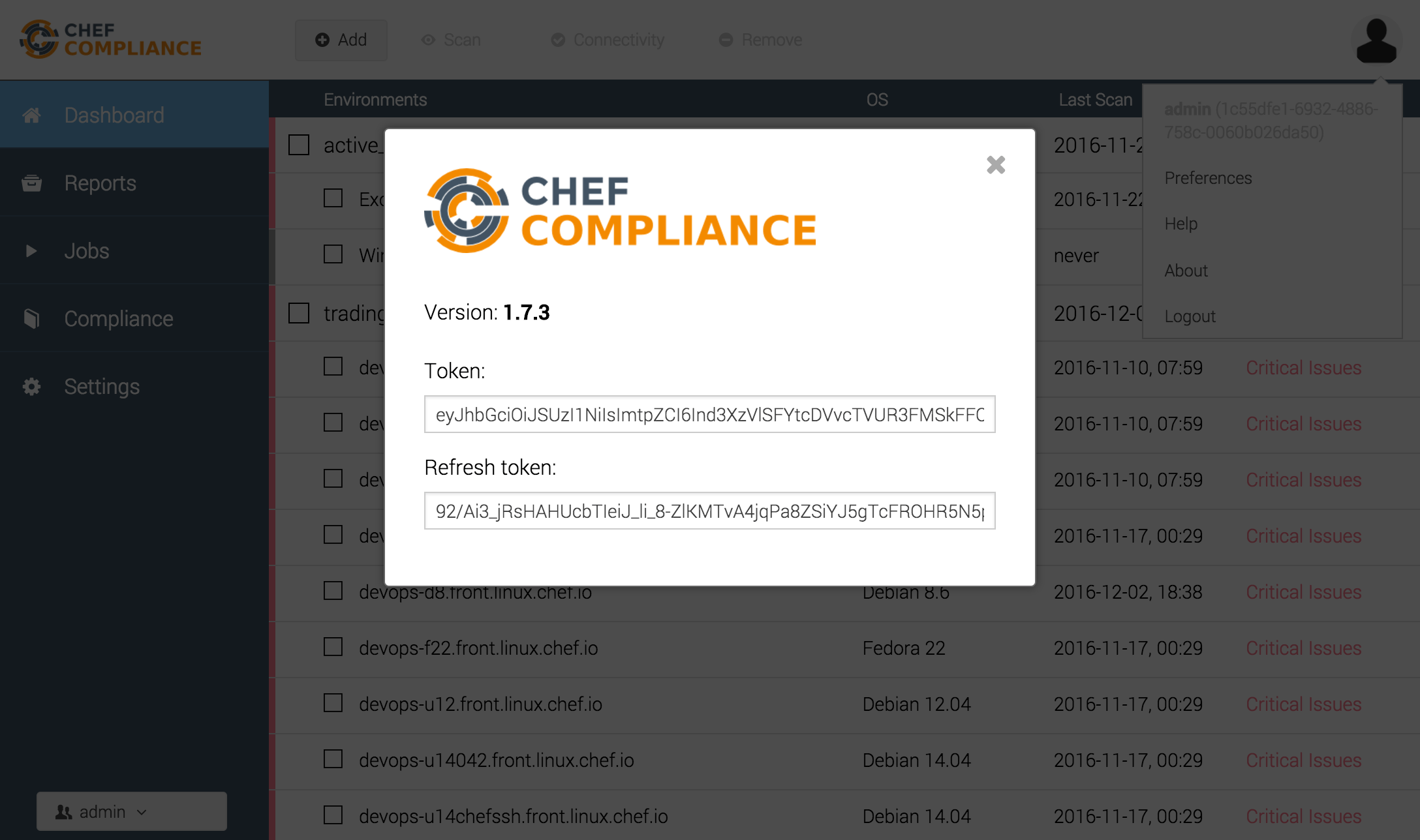 Copy the token from Chef Compliance
